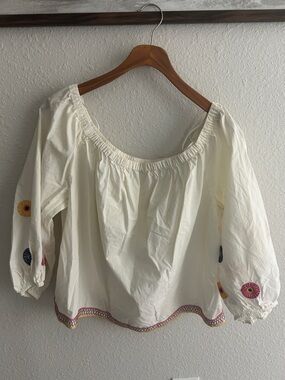 Madewell Cream Off-Shoulder Peasant Top with Embroidered Accents